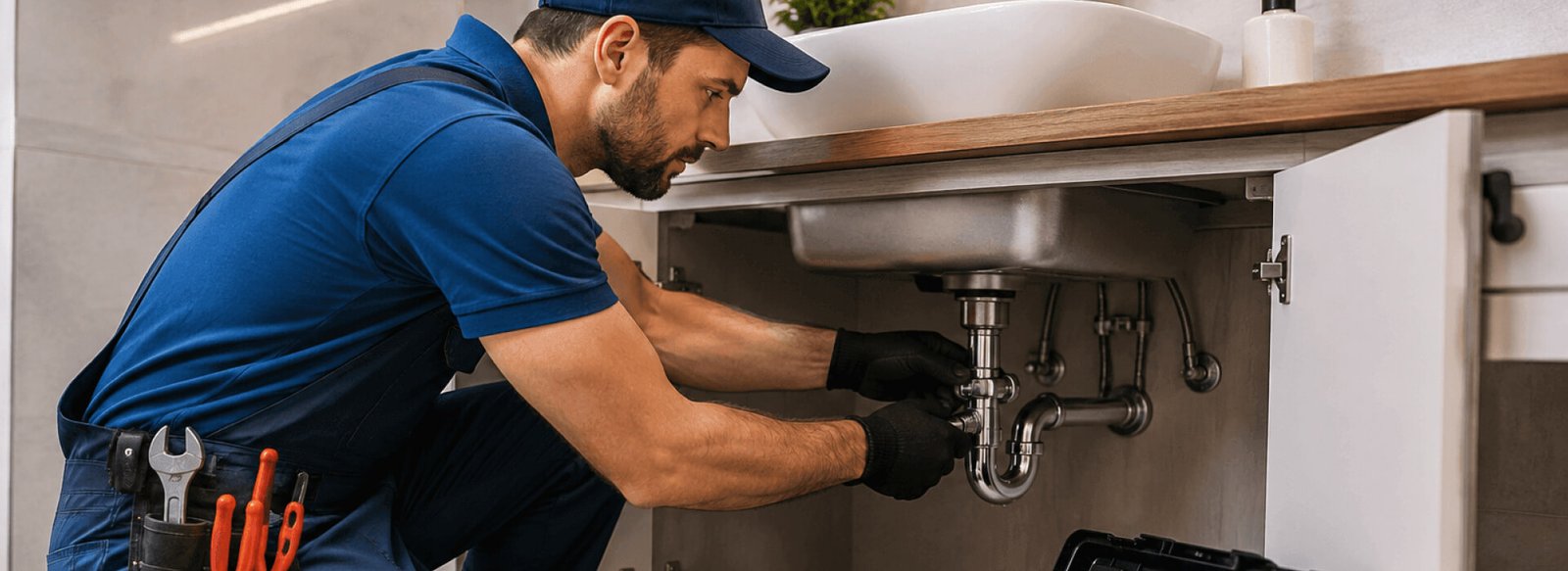 Plumber repairing residential plumbing system in Sarasota Florida